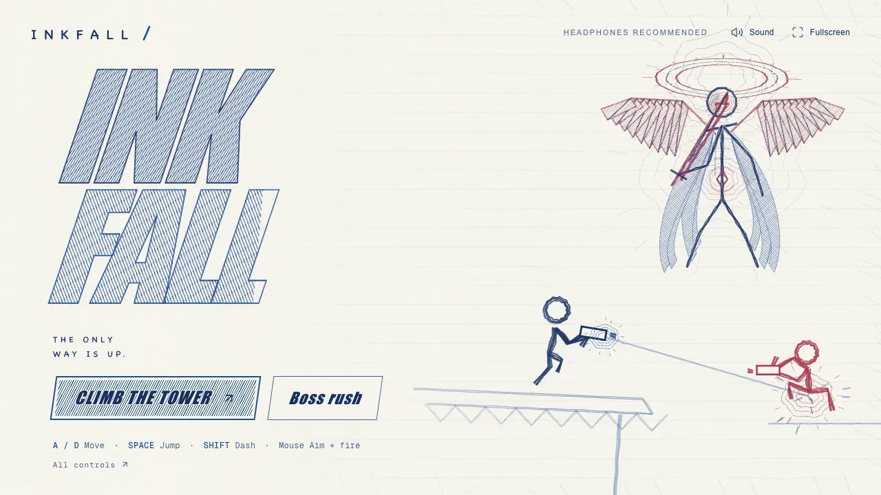INKFALL title screen with ballpoint-pen stick figures battling on notebook paper