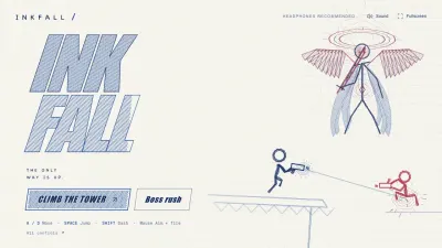 INKFALL title screen with ballpoint-pen stick figures battling on notebook paper