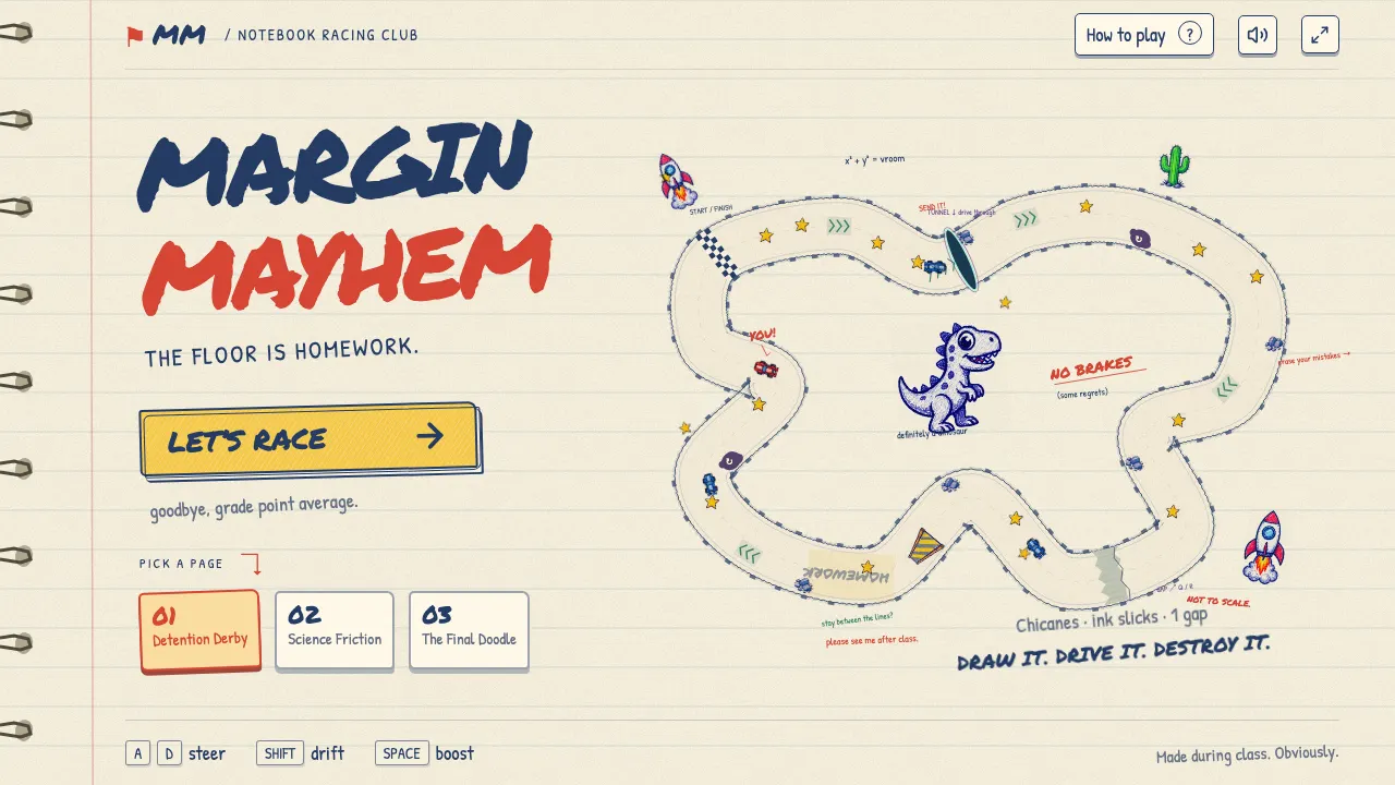 Margin Mayhem title screen with a hand-drawn notebook race track